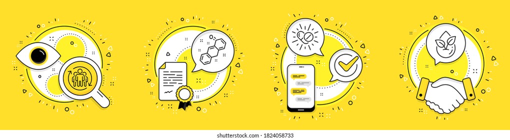 Teamwork, Chemical formula and Medical drugs line icons set. Licence, cell phone and deal vector icons. Organic product sign. Employees change, Chemistry, Medicine pills. Leaf. Science set. Vector