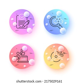 Trabajo en equipo, Chemistry Lab y Rfp iconos de línea mínima. botones de esferas o bolas 3d. Iconos de turbina de molino de viento. Para web, aplicación, impresión. Redes, investigación de laboratorio, solicitud de propuestas. Vector
