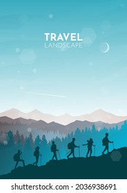 Trabajo en equipo. Los escaladores suben por la montaña. Senderismo. Aventura. Concepto de viajes de descubrir, explorar y observar la naturaleza. Diseño plano gráfico minimalista poligonal. Ilustración vectorial.