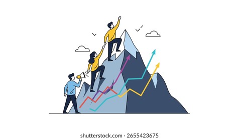 Teamwork climbing mountain summit success achieving goals growth progress strategy