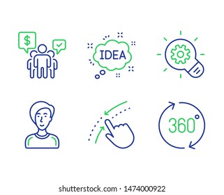 Teamwork, Cogwheel and Idea line icons set. Businesswoman person, Swipe up and 360 degrees signs. Employees chat, Idea bulb, Creative message. Female user. Business set. Vector