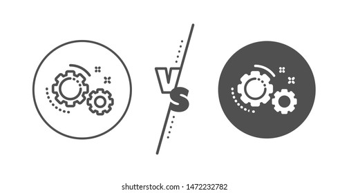 Teamwork cogwheel sign. Versus concept. Gears line icon. Working process symbol. Line vs classic gears icon. Vector