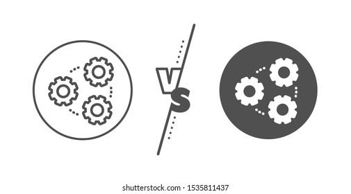 Teamwork cogwheel sign. Versus concept. Gears line icon. Working process symbol. Line vs classic gears icon. Vector