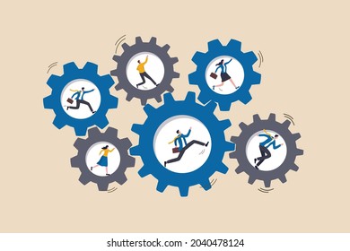 Teamwork collaborate to achieve business goal, team members help and support, cooperate or partnership concept, businessman and woman running on cogwheel or gears rotate in sync to get work done.