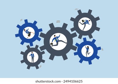 Teamwork collaborate to achieve business goal, businessman and woman running on gears synchronized to do their work.