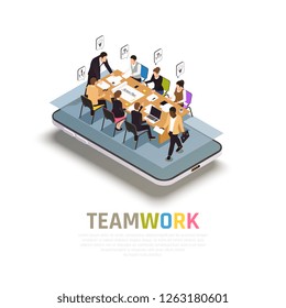 Teamwork collaboration benefits isometric composition on smartphone with group work  sharing ideas making decisions together vector illustration