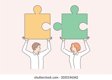 Teamwork and collaboration in business concept. Young man and woman partners holding huge pieces of one puzzle going towards each other as team vector illustration 