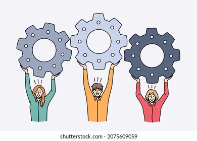 Trabajo en equipo y colaboración en el concepto de negocio. Jóvenes socios de negocios hombres de pie sosteniendo los engranajes en las manos como símbolo de la cooperación ilustración vectorial 