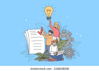 Teamwork collaboration and business idea concept. Group of young partners colleagues teammates working on project having great innovative idea making tasks writing on laptop vector illustration 