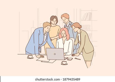 Teamwork, collaboration, business team concept. Group of positive business workers working together at laptop in office and discussing corporate projects and development of startup 