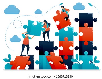 Teamwork and collaboration by solving puzzles. Metaphors understand business chart. Cooperate for company. Challenges and problems. Vector illustration, graphic design, card, banner, brochure, flyer