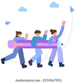 teamwork collaboration carrying pencil creativity concept flat design illustration