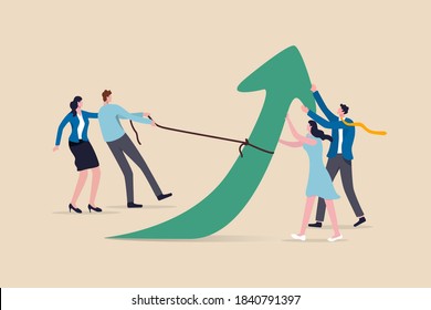 Teamwork and collaboration colleagues, togetherness and support each other to achieve business goal concept, group of businessmen and women office workers help and support to pull arrow rising up.