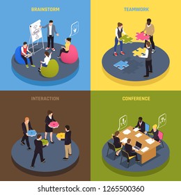 Teamwork collaboration concept 4 isometric  icons with employees ideas sharing conference agreements brainstorm interaction commitment vector illustration