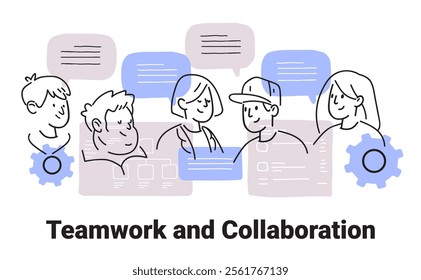 Teamwork and collaboration concept with diverse group discussing ideas speech bubbles gears in minimalist hand drawn style