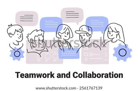Teamwork and collaboration concept with diverse group discussing ideas speech bubbles gears in minimalist hand drawn style