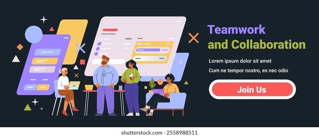 Teamwork and collaboration concept with diverse team working on digital project dark background geometric elements website banner