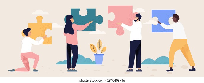 Teamwork and collaboration concept with four diverse multiracial people with puzzle pieces trying to find a solution together, flat cartoon colored vector illustration. Business metaphor