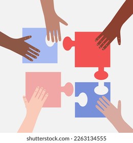 El trabajo en equipo y el concepto de colaboración con cuatro personas multirraciales diversas con piezas de rompecabezas tratando de encontrar una solución juntos, ilustración vectorial de color caricatura plana. Metáfora comercial