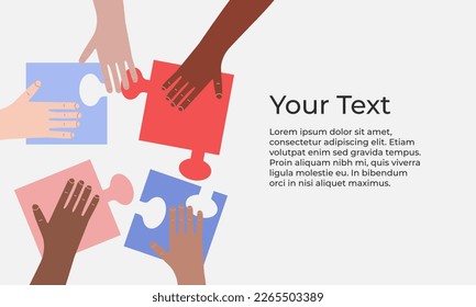 El trabajo en equipo y el concepto de colaboración con cuatro personas multirraciales diversas con piezas de rompecabezas tratando de encontrar una solución juntos, ilustración vectorial de color caricatura plana. Plantilla de banner.