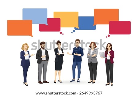 Teamwork and collaboration concept. Group of business people talking discussing about something standing together with speech bubbles. Isolated vector illustration