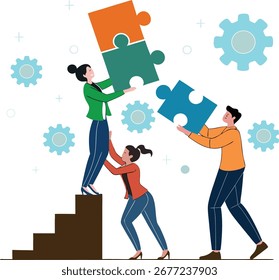 Teamwork and collaboration concept illustration – three people working together to assemble puzzle pieces, symbolizing problem-solving, partnership, and cooperation.