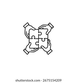 Teamwork and collaboration concept isolated on white background. Hands holding puzzle pieces together. Vector illustration of people working together to solve a problem.