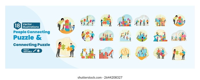 Teamwork and collaboration concept. People connect puzzle pieces and solve problems. Mega set.