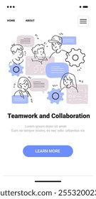 Teamwork and collaboration concept with people discussing ideas gears and speech bubbles in a minimalist sketch style landing page design