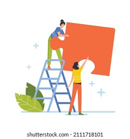 Teamwork and Collaboration Concept. Tiny People with Huge Puzzle Piece Stand on Ladder Trying to Find Solution Together, Business Metaphor of Coworking, Brainstorm. Cartoon Vector Illustration