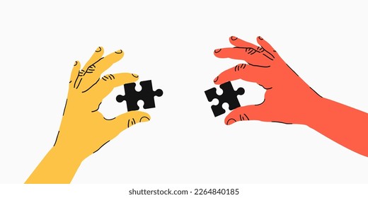 Teamwork or collaboration concept. Two hands holding jigsaw puzzle pieces to put them together as sign of partnership. Metaphor of team work. Vector illustration.