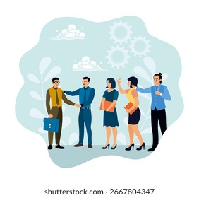 Conceptos de trabajo en equipo y colaboración. Emprendedor gerente saludo de apretón de manos y la introducción de nuevos empleados al equipo.