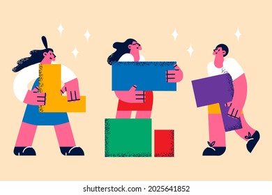 Teamwork, collaboration and cooperation concept. Group of young people business colleagues cartoon characters fixing pieces of one puzzle together as team members vector illustration 