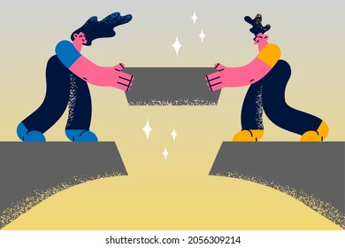 Teamwork, collaboration and cooperation concept. Young people cartoon characters standing on different sides of mountains and holding one common stone vector illustration