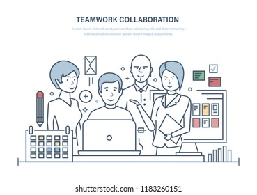 Teamwork collaboration. Effective planning, team members discussing business project, colleagues, cooperation, partnerships, discussion of issues and common issues. Illustration thin line design.