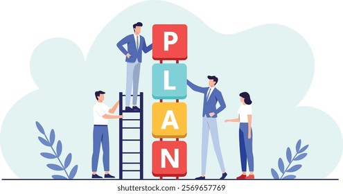 Teamwork and collaboration are essential as individuals build tower of colorful blocks spelling PLAN, symbolizing strategic planning and teamwork in creative environment