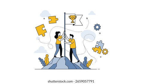 Teamwork and collaboration help achieve success on mountain top with trophy and puzzle pieces representing business strategy and goals