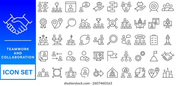 Teamwork and collaboration icon set. Thin line editable stroke icons for teams, leadership, meetings, project management, brainstorming, team growth, support, partnership and remote work.