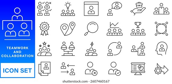 Teamwork and collaboration icon set. Thin line editable stroke icons for teams, leadership, meetings, project management, brainstorming, team growth, support, partnership and remote work.
