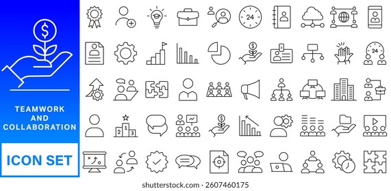 Teamwork and collaboration icon set. Thin line editable stroke icons for teams, leadership, meetings, project management, brainstorming, team growth, support, partnership and remote work.