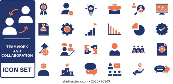 Teamwork and collaboration icon set. Thin line editable stroke icons for teams, leadership, meetings, project management, brainstorming, team growth, support, partnership and remote work.