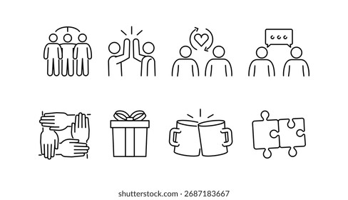 Iconos del trabajo en equipo y la colaboración: celebración de la unidad, la Asistencia y la comunicación