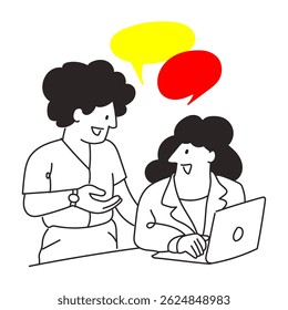 Ilustración de colaboración de trabajo en equipo con trabajadores de oficina hablando