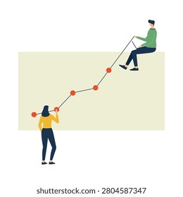 Teamwork collaboration illustration tracking business growth using an upward line graph on a soft cream background with minimalist characters.
