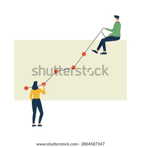 Teamwork collaboration illustration tracking business growth using an upward line graph on a soft cream background with minimalist characters.
