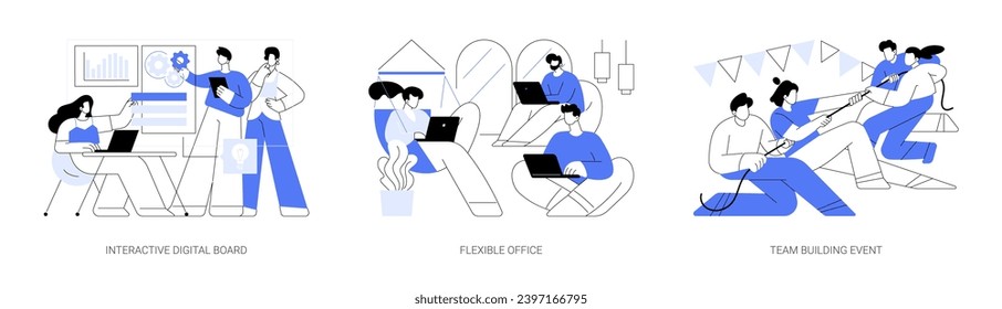 Teamwork and collaboration isolated cartoon vector illustrations set. Diverse people use interactive digital board, working with laptop in flexible office, attend team building event vector cartoon.