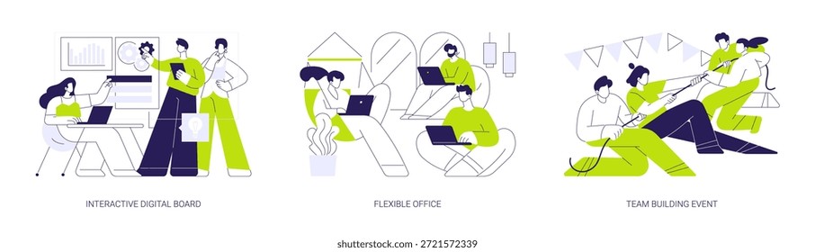 Teamarbeit und Zusammenarbeit einzelne Cartoon-Vektorgrafiken. Diverse Menschen verwenden interaktive digitale Tafel, arbeiten mit Laptop in flexiblen Büro, besuchen Team Building Event Vektor Cartoon.