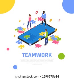 Teamwork collaboration isometric composition with putting jigsaw puzzle pieces together as team building activity exercise vector illustration