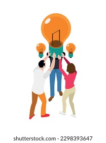 Teamwork collaboration isometric people composition with mutual work ideas and creativity symbols vector illustration