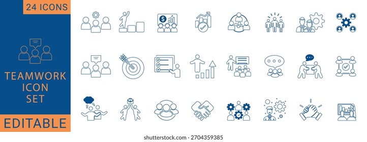 Conjunto de iconos de líneas de trabajo en equipo y colaboración con 24 símbolos de asociación comercial, liderazgo, comunicación y productividad. Ideal para presentaciones corporativas, planificación de flujos de trabajo, estrategia y pro